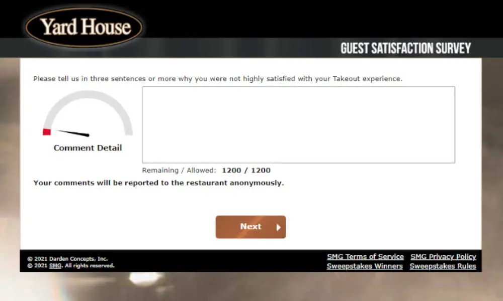 yard house to go guset satisfaction survey