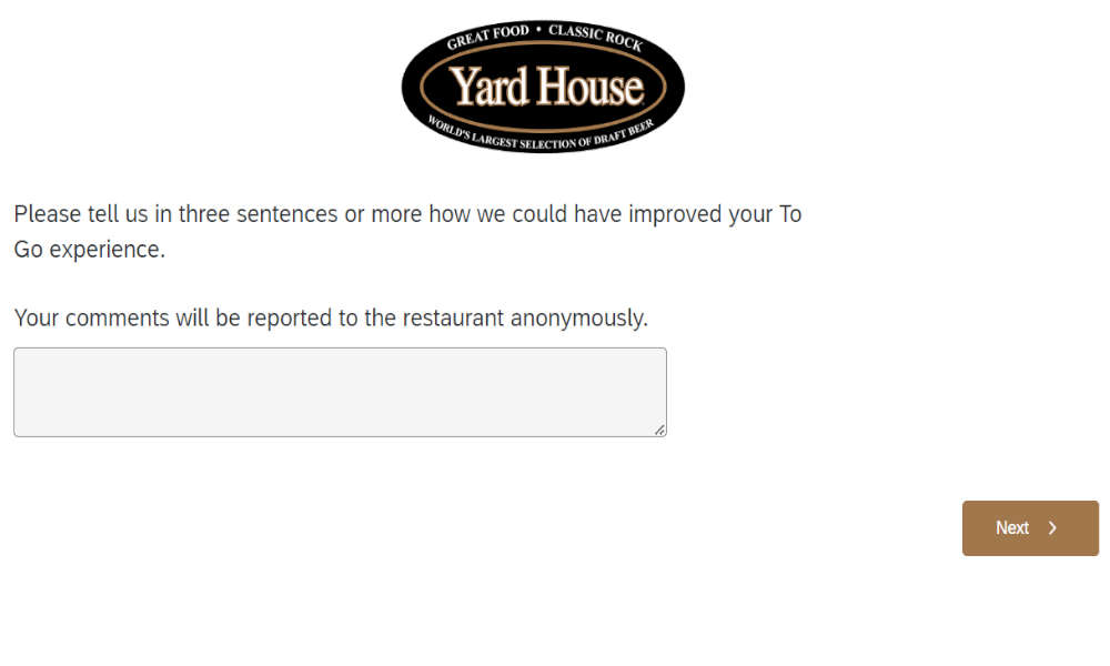 yard house to go guset satisfaction survey